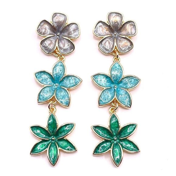 Long Yellow Gold with Oil Drip Flower Trio Post Back Dangling Earrings - Picture 1 of 6